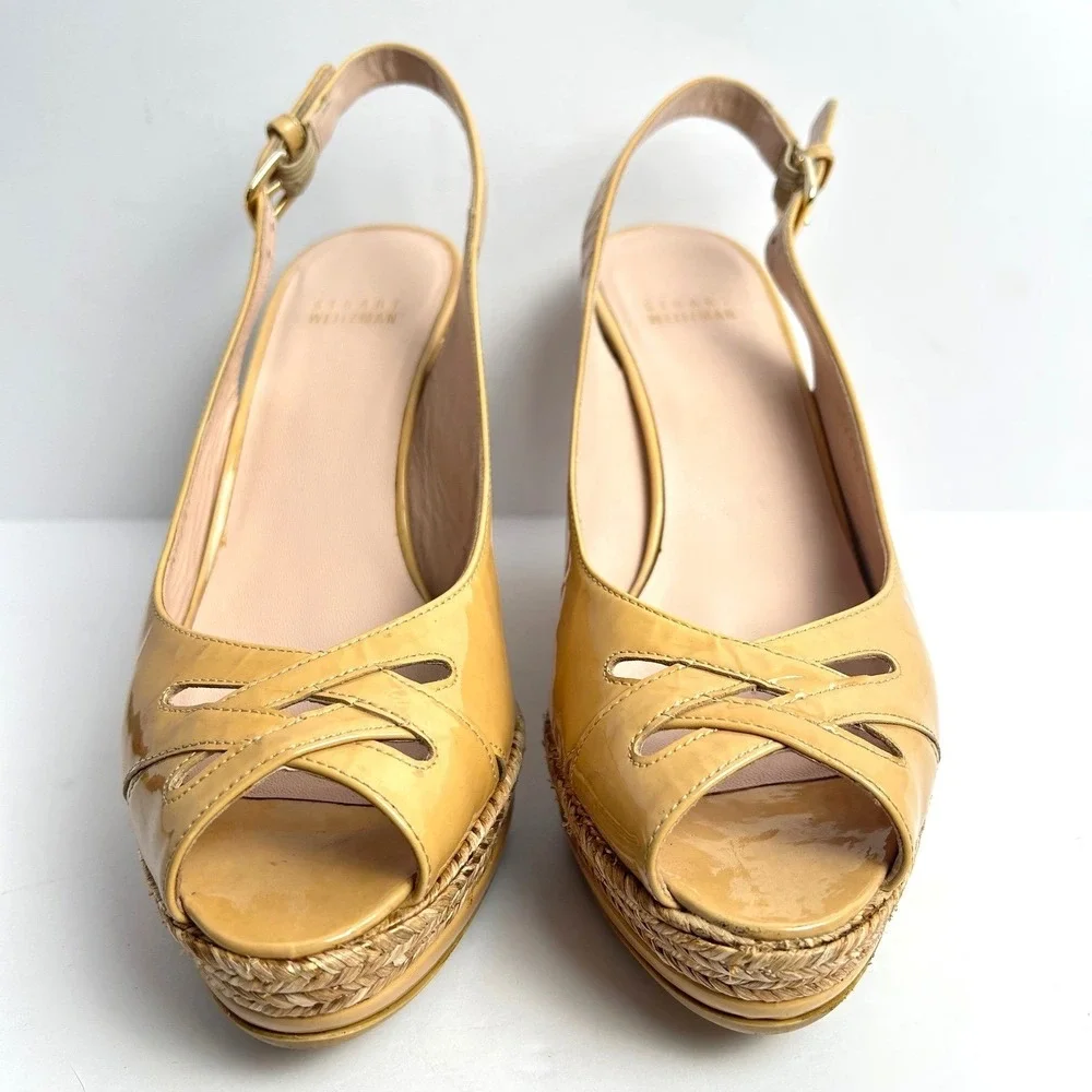 Stuart Weitzman Espadrille Peep Toe Wedge Heels Sandals Camel Tan Patent Leather - Picture 7 of 15